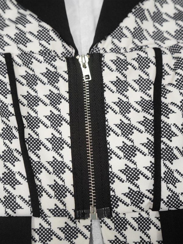 Women's Houndstooth Print Lapel Neck Zipper Blazer & Pants Two-piece Set, Casual Long Sleeve Pocket Outerwear & Trousers for Work Office Business, Ladies Fall & Winter Clothes